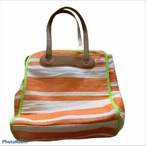 Neiman Marcus bag large tote Orange/white/green trim open double strap purse